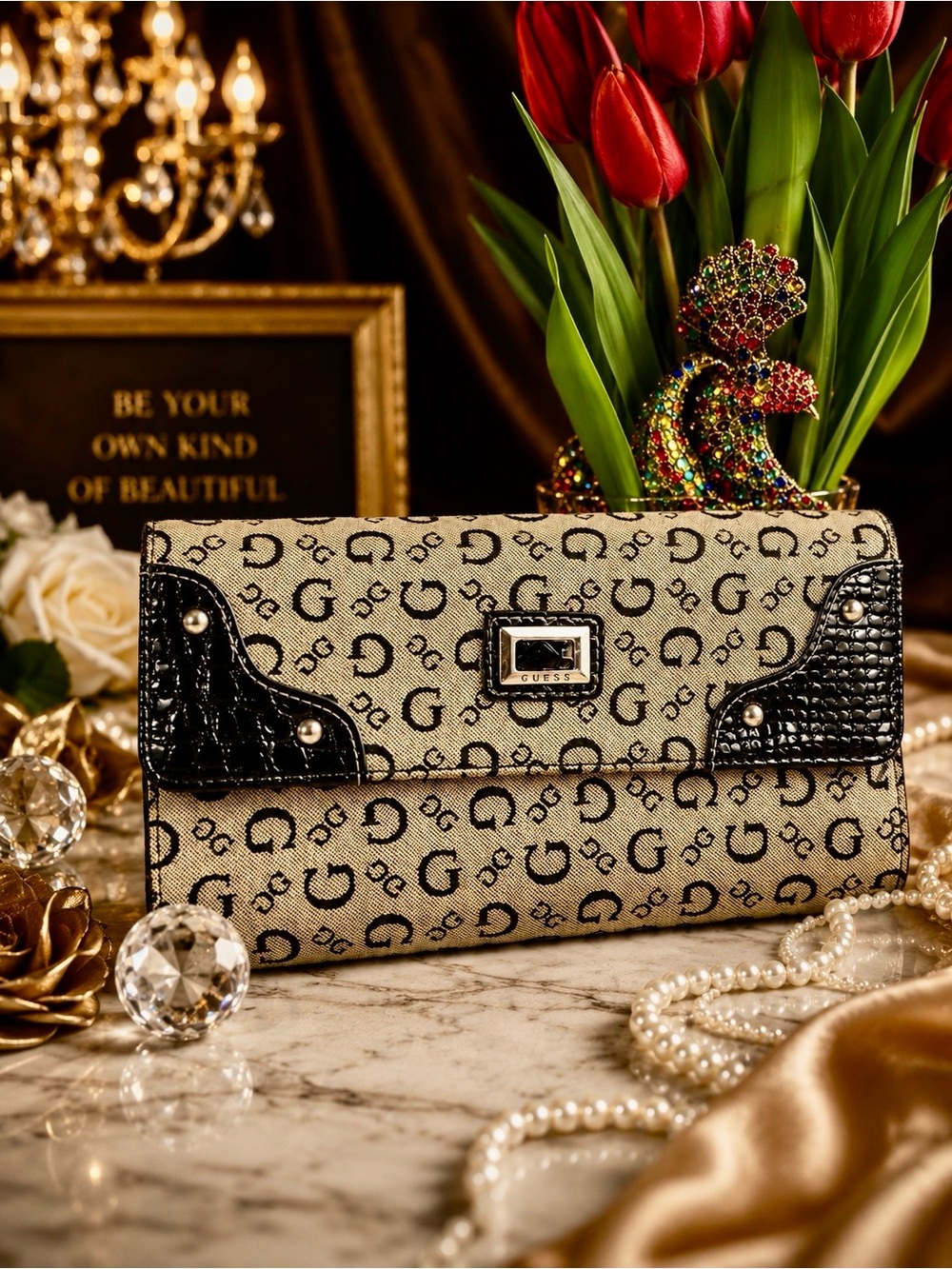 GUESS Beige Monogram Clutch with Black Croc-Trim